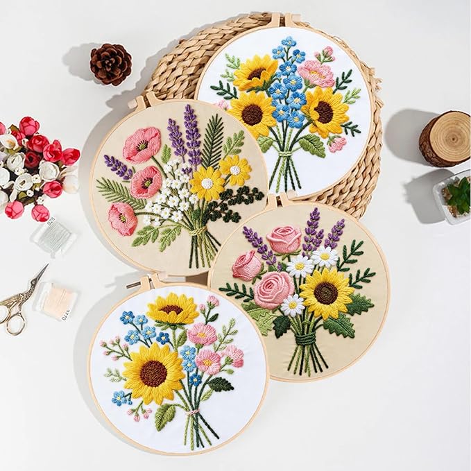 ORIGACH 6 Pack Flower Bouquet Embroidery Kits for Beginners, DIY Starter Hand Embroidery Kit with Sunflower Rose Lavender Patterns and Instructions for Adults Women Crafting