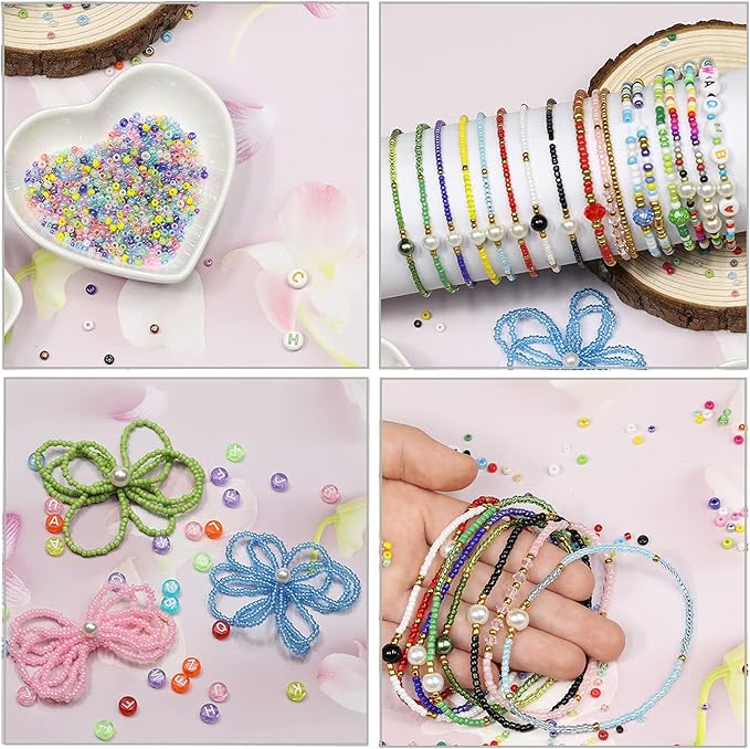 About 15600pcs 2mm 12/0 Glass Seed Beads 24 Colors Loose Beads Kit Bracelet Beads with 24-Grid Plastic Storage Box for Jewelry Making