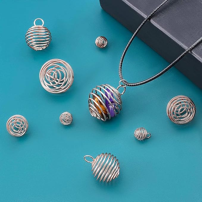 PH PandaHall 24pcs 4 Sizes Spiral Bead Cages Pendants Stone Holder Necklace Cage 24 Strands 17 Inch Black Leather Necklace Cord 50pcs 6mm Open Jump Ring Rock Tumbler Jewelry Making, Rose Gold