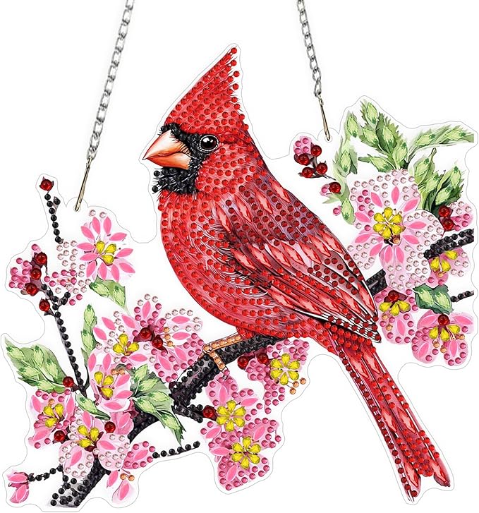 QENSPE Red Finches Diamond Art Hanging Kits for Adults, 5D Special Shape Diamond Paingting Ornaments with Chain, DIY Pink Flowers Crystal Window Pendants for Home Wall Decor Double Sided 8X8 inch