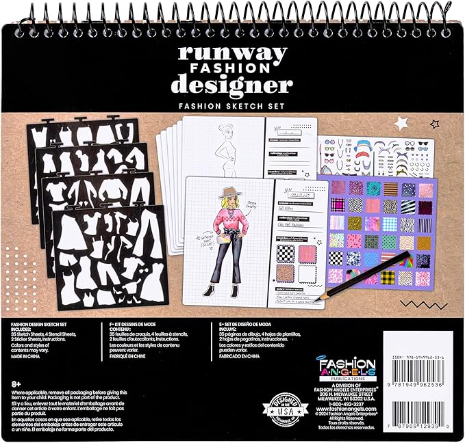 Fashion Angels Fashion Runway Design Portfolio Book, Includes 35 Sketch Sheets with 4 Stencil Pages & 150+ Stickers, Ideal for Kids Ages 8 & Up