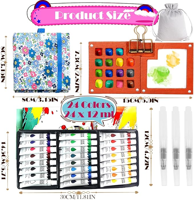 Pocket Wooden Paint Palette with Metal Clip, Water Colour Paints Sets with Sketchbook & Water Pen for Painters,Artists,Beginner (Blue-24 Colors, L-15 Grids)