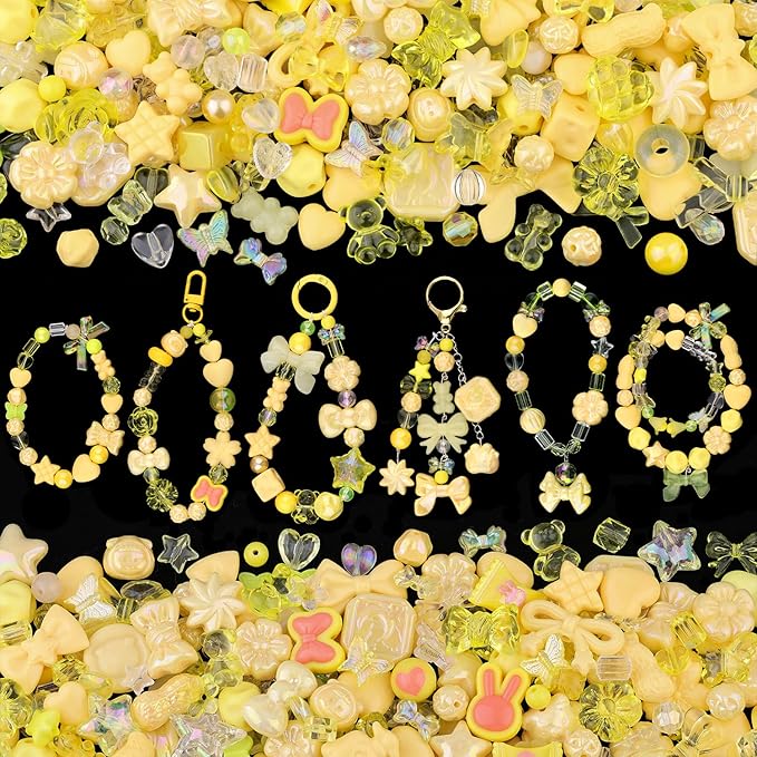 200-260PCS TINKRSTUFF Assorted Acrylic Beads Yellow Cute Beads for Bracelet Making, Bow Flower Butterfly GummyBear Kawaii Charms, Aesthetic Bead for Necklace Keychain Jewelry Making DIY Phone Charm