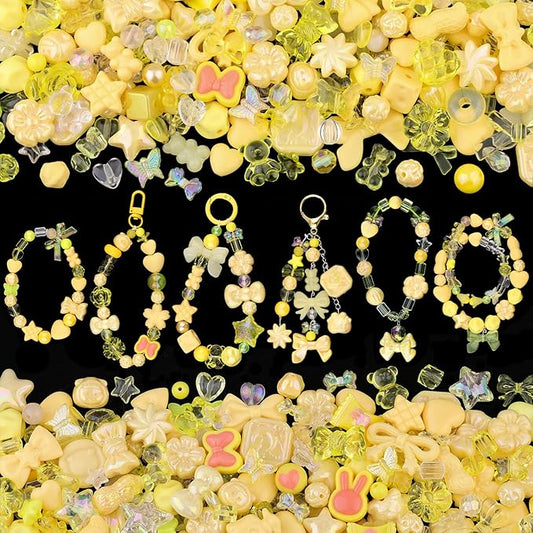 200-260PCS TINKRSTUFF Assorted Acrylic Beads Yellow Cute Beads for Bracelet Making, Bow Flower Butterfly GummyBear Kawaii Charms, Aesthetic Bead for Necklace Keychain Jewelry Making DIY Phone Charm