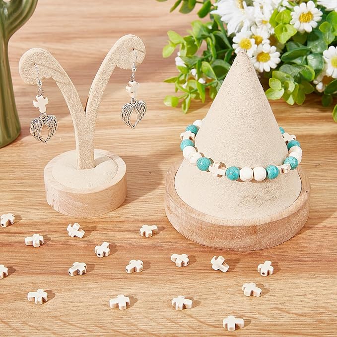 SUNNYCLUE 1 Box 200Pcs White Cross Beads Synthetic Turquoise Tiny Small Cross Beads Semi Precious Stone Bead Easter Holiday Beads for Jewelry Making Kit Adult Women Bracelets 8x10mm