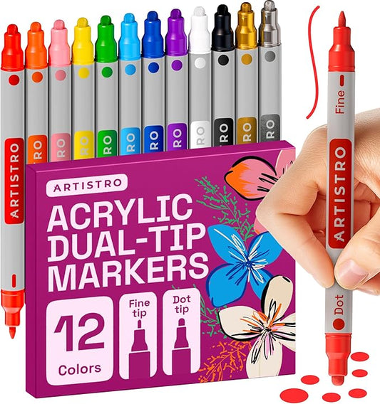 ARTISTRO 12 Acrylic Paint Markers for Rock, Fabric, Wood, Glass, Eggs - Dual-Tip Paint Pens for Coloring Books for Adults, Teens, Kids - Art & Craft Supplies - Gift Idea - Easter Basket Stuffers