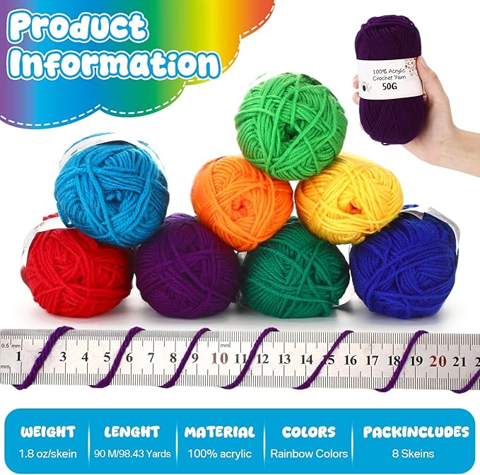 Buryeah 8 Packs 100% Acrylic Crochet Yarn 787 Yards 4 Ply Knitting Acrylic Great Crochet and Knitting Starter Kit for Colorful Craft Crochets Weaving Crafts DIY Project Beginner (Rainbow Colors)