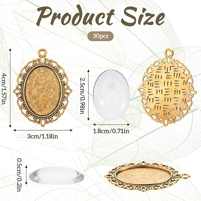 30 Pcs Pendant Tray Kit, 15 Pcs 30 x 40 mm Oval Bezel Blank Pendant Trays Base, 15 Pcs Transparent Glass Cabochons, Cameo Pendants for DIY Bridal Bouquet Photo Pendants Memorial Jewelry Making Necklace