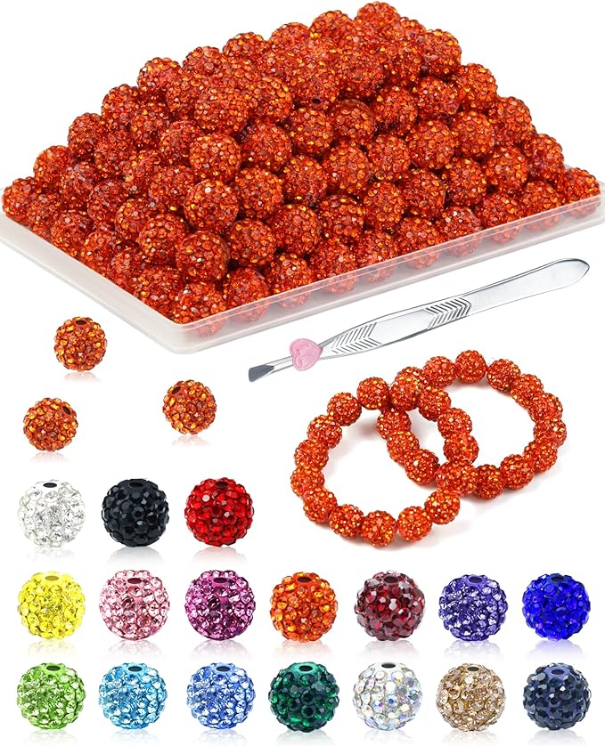 120PCS FIVEIZERO Rhinestone Beads for Jewelry Making, 10mm Orange Shiny Round Sparkle Crystal Clay Bead Bulk Sparkly Baseball Necklace Beads for Bracelets and DIY Crafts