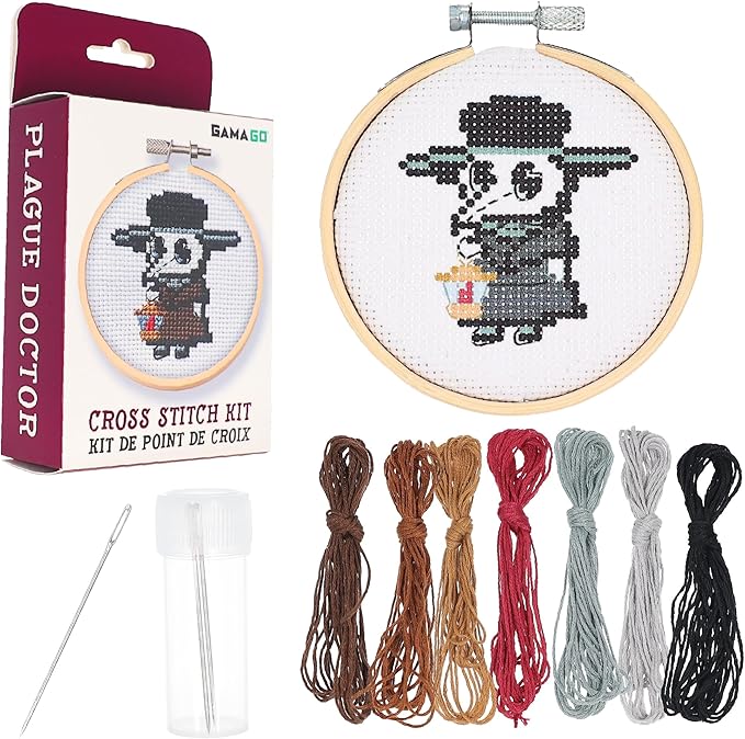 GAMAGO Plague Doctor Cross Stitch Embroidery Kit – DIY Needlework Craft Set with Hoop, Fabric, Floss & Instructions, Cute Beginner Embroidery Kit for Kids, Teens, & Adults