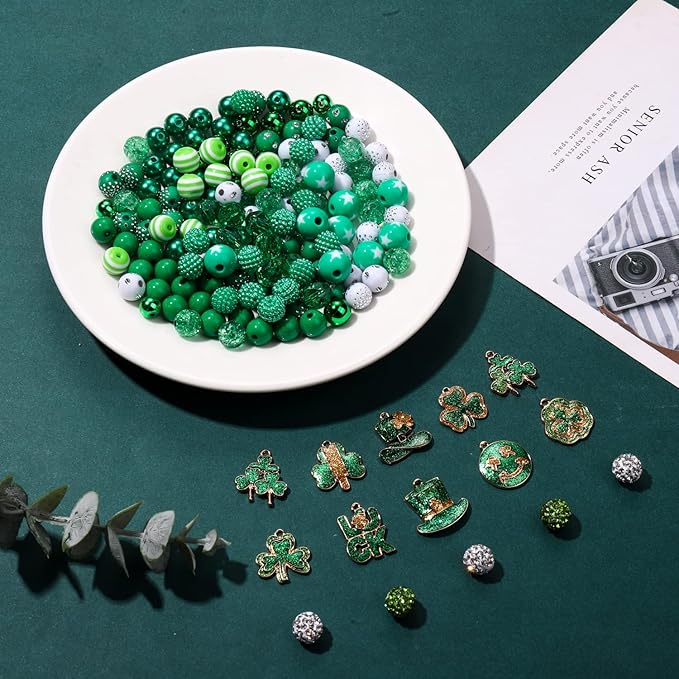 1600PCS+ St.Patrick’s Day Beads for Jewelry Making, Green Polymer Clay Beads Assorted Rhinestone Crystal Acrylic Beads Spacer Beads Shamrock Charms for Bracelet Necklace Making DIY Crafts Gifts