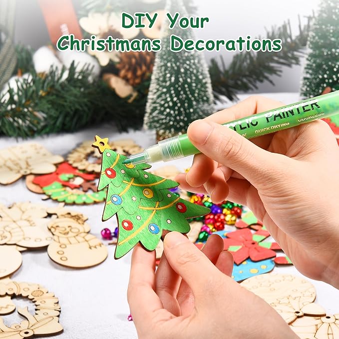 96 Pcs Wooden Christmas Ornaments Unfinished Wood Slices, Wooden Christmas Tree Hanging Ornaments for DIY Art Craft with 12 Styles, DIY Wood Crafts Hanging Decorations Kit