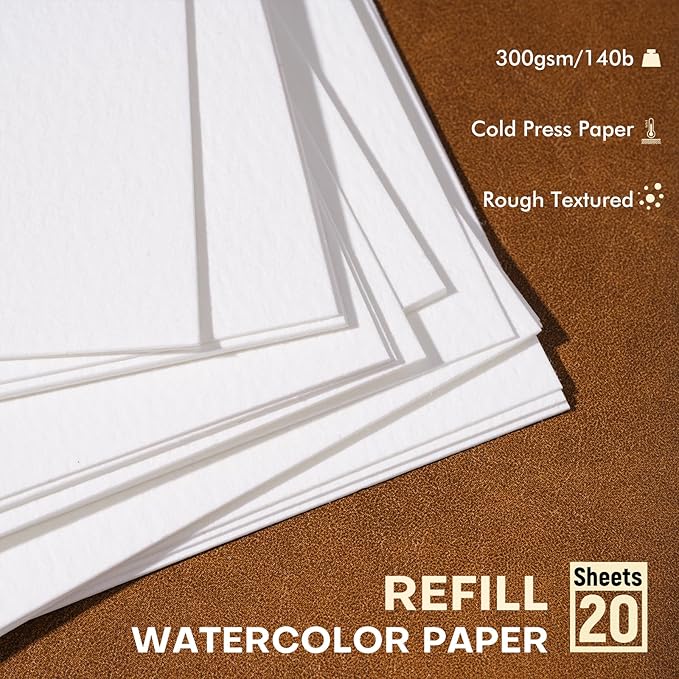Fuumuui Travel Watercolor Samll Paper Refill - 20 Sheets 140 LB (300 GSM) Cold Pressed, Acid-Free Cotton Paper for Painting, Drawing, Art Journaling, Sketchbook As Travel Notebook - 2.4 * 3.1 Inches