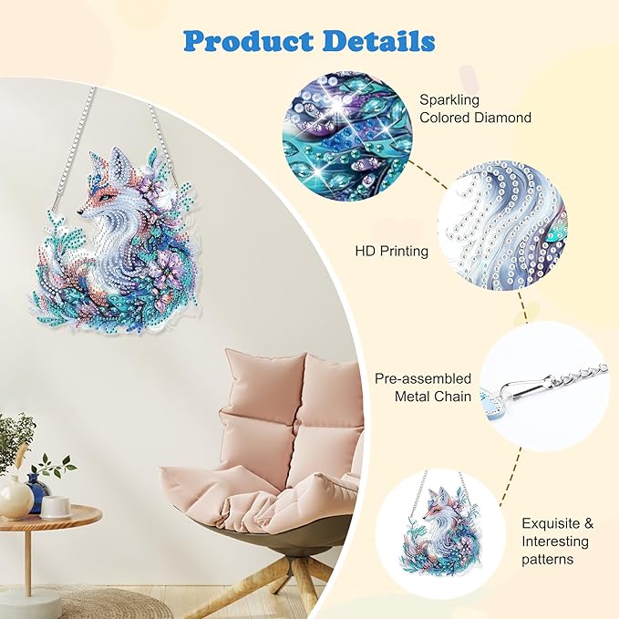 HEIBAGO Diamond Art Hanging Kits for Adults Kids, Hanging Diamond Art Fox, 5D Special Shaped Crystal Diamond Painting Kit, DIY Pattern Window Pendant for Home Wall Decor 8.3x8.3Inch