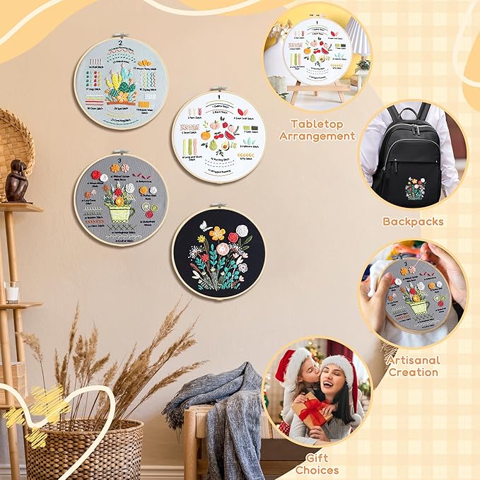 useamie 4 pack embroidery kit, adult cross stitch kit, suitable for embroidery beginners, with printed embroidery patterns, 7.9 inch embroidery hoop, complete with embroidery thread and needle tools