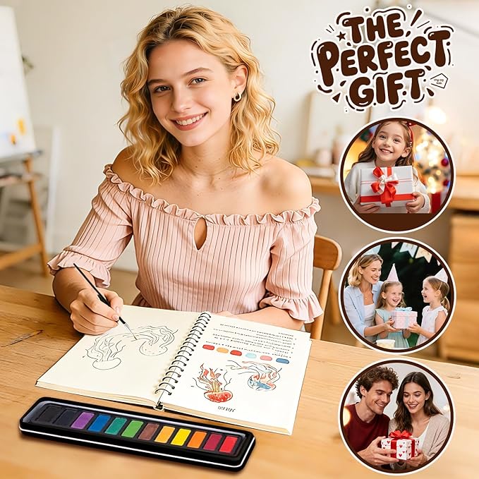 Watercolor Workbook for Beginners - Complete Watercolor Painting Kit with 12 Color Paint Set & Brush | Step-by-Step Art Book for Adults, Hobby Gift for Friends