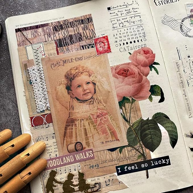 CATaireen Vintage Junk-Journal Mixed Paper Scrapbooking Embellishments Set Retro Journaling Decoupage Stickers Textured Packaging Decorative Cards Tags Kit (Library 1)