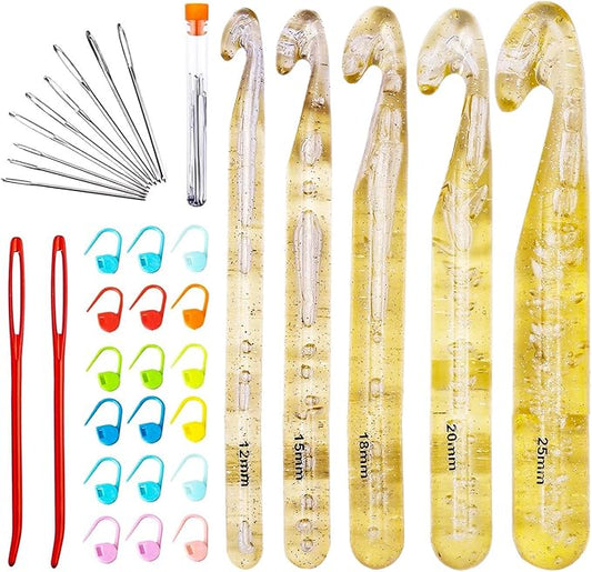 Mayboos 37 Pcs Large Crochet Hooks Set, 25mm 20mm 18mm 15mm 12mm Crochet Hooks, with 9 Pieces Large Eye Blunt Needles, Large Crochet Hooks for Chunky Yarn, Handmade DIY Crafts, Carpets, Scarves