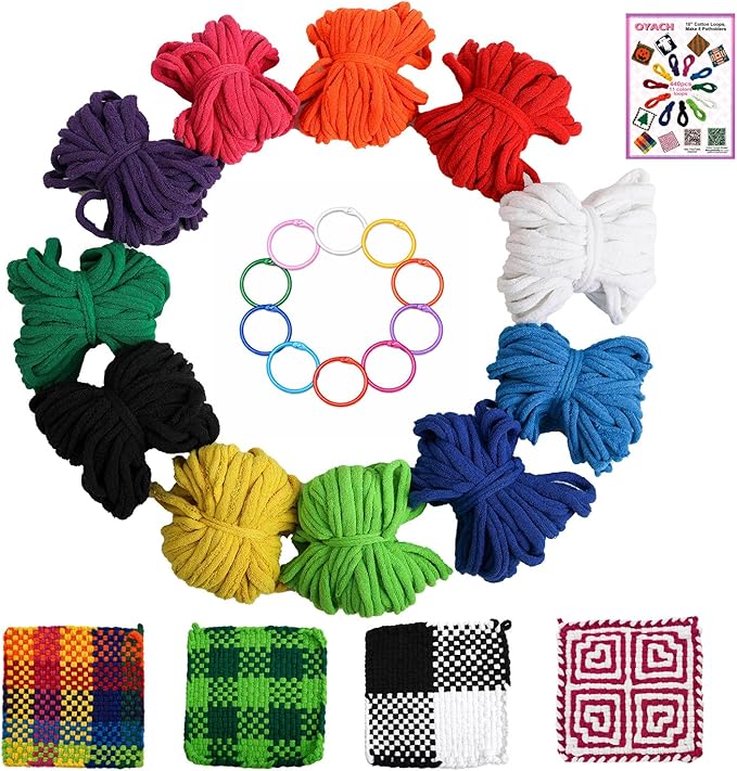 OYACH 440pcs 10inch Cotton Potholder Weaving Loom Refill Loops, 11 Colors Rainbow Loops Bands,Pot Holder Loom Loops Pack with Hooks for Kids Adults DIY Crafts,8pcs Cotton Potholders(Loom not Included)