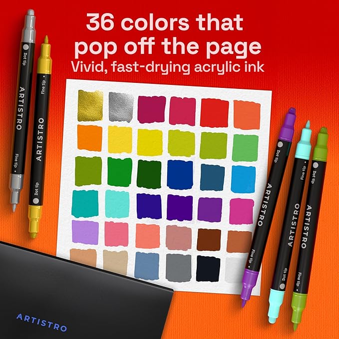 ARTISTRO 36 Acrylic Paint Markers for Rock, Fabric, Wood, Glass, Eggs - Dual-Tip Paint Pens for Coloring Books for Adults, Teens, Kids - Art & Craft Supplies - Gift Idea - Easter Basket Stuffers