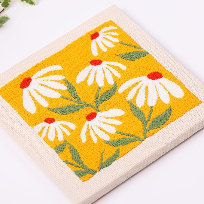 embroidery punch needle kit frame, embroidery starter kits for beginner kids,punch needle fabric with pattern,threader, yarns,embroidery hoops & rug punch (yellow)