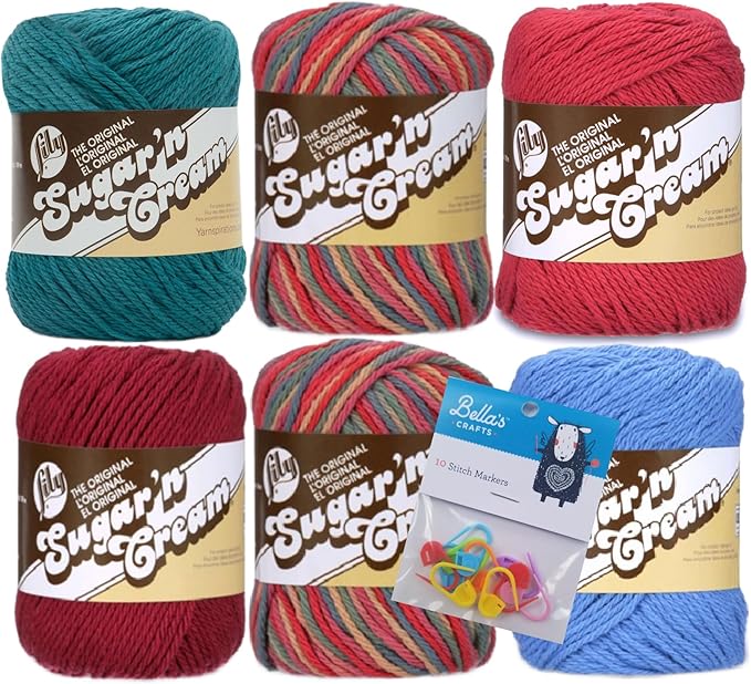 Lily Sugar'n Cream 100% Cotton Yarn 6-Pack Bundle with Bella's Crafts Stitch Markers (Painted Desert Mix)