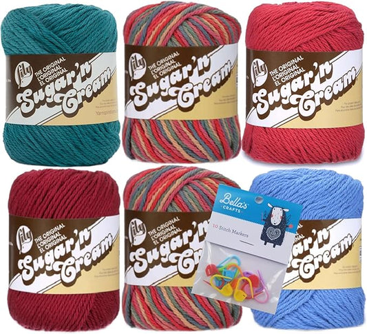 Lily Sugar'n Cream 100% Cotton Yarn 6-Pack Bundle with Bella's Crafts Stitch Markers (Painted Desert Mix)