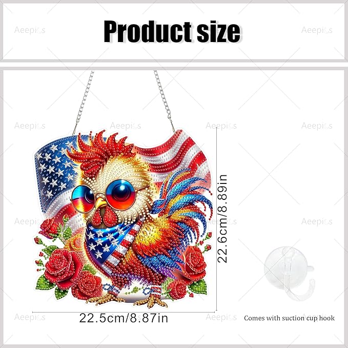 Aeepics Hanging Diamond Art Kit for Adult, DIY Diamonds Painting Pendant Ornament Kit, Acrylic Diamond Art Painting Board Kit (Rooster)