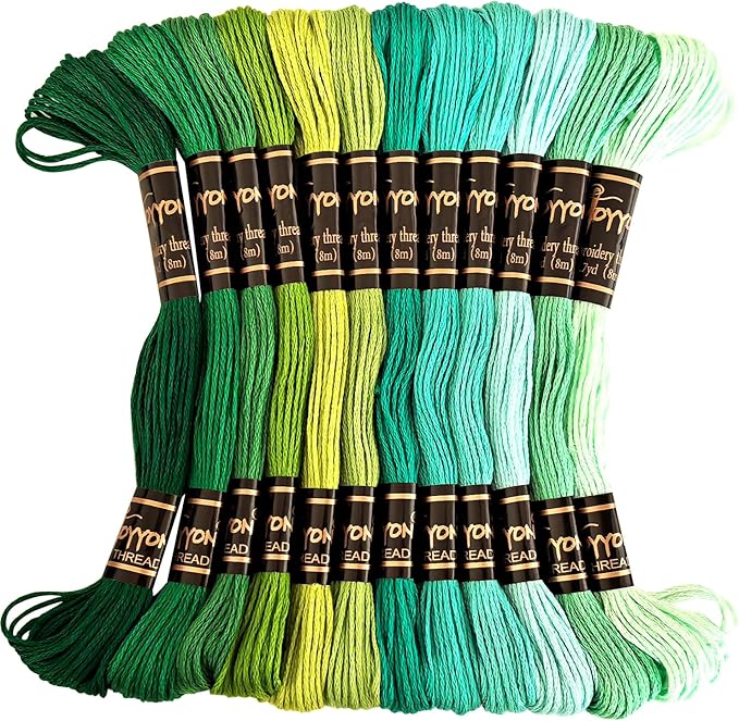 12 Skeins Embroidery Thread, 12 Colors Embroidery Floss Set, Cross-Stitch Threads for Hand Embroidery, String Art（Green Series）