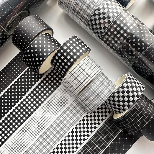 YUBX Black Grid Washi Tape Set 8 Rolls Plaid Decorative Masking Tapes for Arts, DIY Crafts, Journals, Planners, Scrapbook, Wrapping