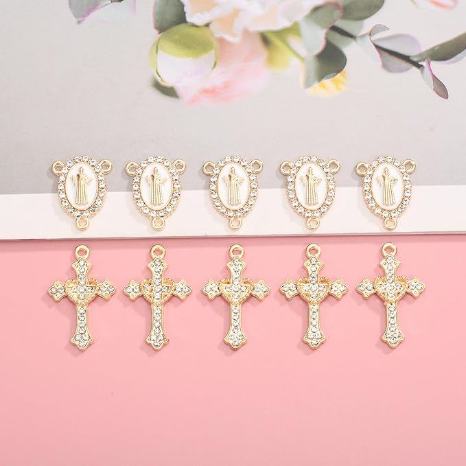 Jiali Q 20 Piece Set Rhinestone Cross Connectors and Pendants for Jewelry Making (Gold St.Benedict)