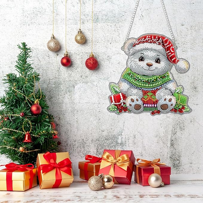 DOMROM Bear Diamond Art Hanging Kits for Adults Beginners, Christmas Special Shaped Crystal Diamond Painting Bear Pendant, DIY Diamond Art Suncatchers Animal for Home Garden Wall Decor Gift