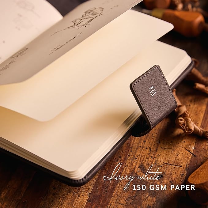 Luxury Leather Sketchbook, Hardcover Drawing Notebook, Pen Loop/Magnetic Closure, Acid Free 150gsm Thick Paper, Full Grain Leather Artisan Collection by Leatherpress (9.3” x 7.8” x .9”)
