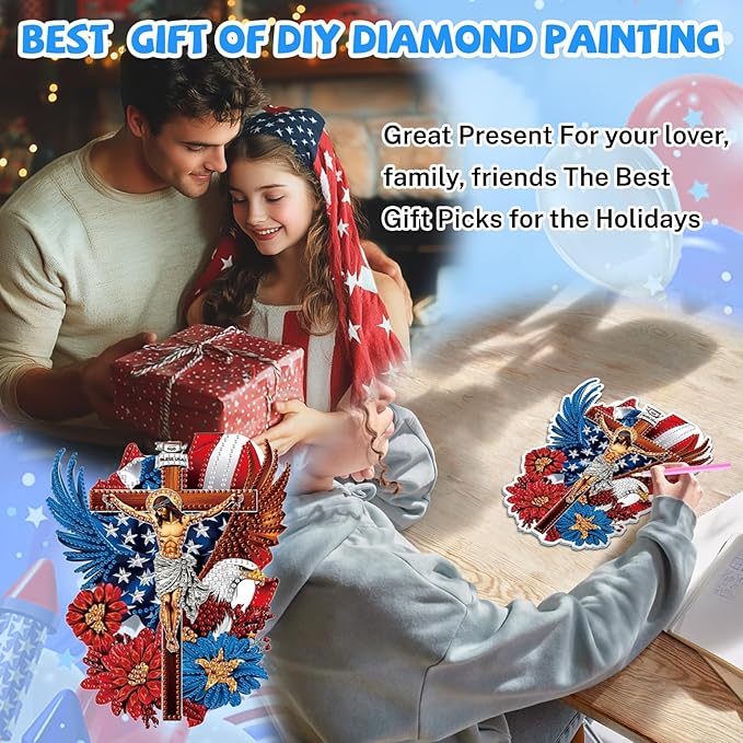 Bowetile Independence Day 5D Diamond Art Hanging Jesus Kits for Adults, 4th of July Diamond Painting USA Window Pendant Kits, Special Shape Gem Art Suncatcher Ornament for Home Wall Decor