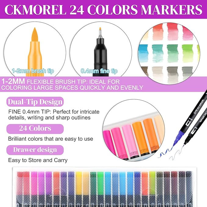 Adult Coloring Book with 24 Dual Tip Colors Markers, 12 Pcs Premium Coloring Pages & 2 Pcs Wooden Photo Frames & 24 Colors Markers, Mindfulness Art-Painting-Kits Gifts for Women - Flowers