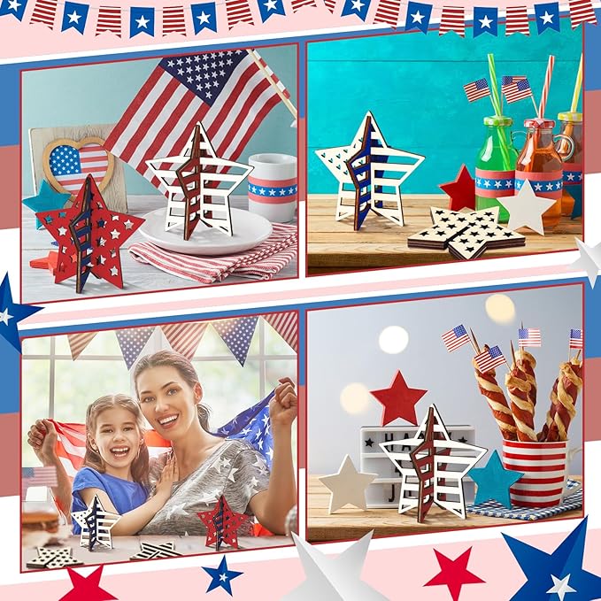 Huwena 36 Pcs Patriotic Crafts Set 24 Wood Stars for Crafts 4th of July 3D Star Cutouts with 12 Colored Pens Memorial Day Unfinished Wooden Slices to Paint for Independence Day Tiered Tray Decor