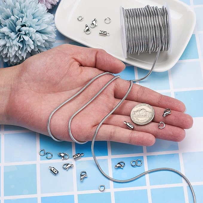 Pandahall 16.4 Ft 2mm Stainless Steel Snake Chains with 50Pcs Jump Ring 10Pcs Lobster Claw Clasps 30Pcs Folding Crimp Ends Jewelry Making Kits for Chain Necklace DIY