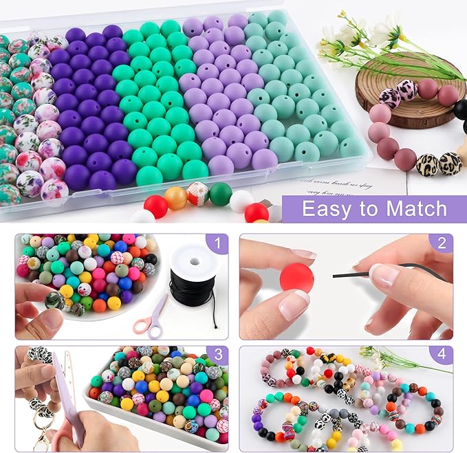 150Pcs Mixed Color 15mm Silicone Beads for Keychain Making, Green Purple Flower Print Silicone Beads for Pens and Bracelet Jewelry Making