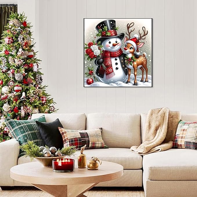 Christmas Snowman Deer Diamond Art Kits for Adult, Xmas 5D Diamond Painting Kits for Beginners, DIY Full Drill Winter Holiday Rhinestone Diamond Dots Gem Painting Art Craft Home Decor 14 x14 Inch