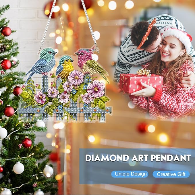 Hanging Diamond Art Kit for Adult, Adorable Bird, 5D Special Shaped Rhinestone Diamond Painting Ornament, Flower and Bird, DIY Acrylic Diamond Art Painting Window Pendants Home Garden Wall Decor