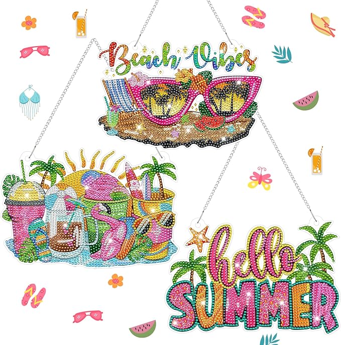 Burbell 3 Pcs Diamond Summer Beach Painting Kits Sunglasses Smoothie Diamond Art Hanging Ornament Sign DIY Painting Art Kits for Summer Adult Window Door Wall Decorations