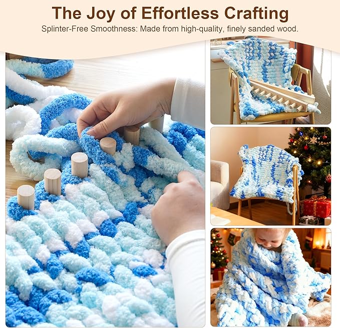 50'' Chunky Blanket Loom, Installation Free Knitting Loom for Beginners, Foldable Hand Knitting Yarn Chunky Blanket Kit for DIY Throw Blankets, Wooden Weaving Loom Craft Tools