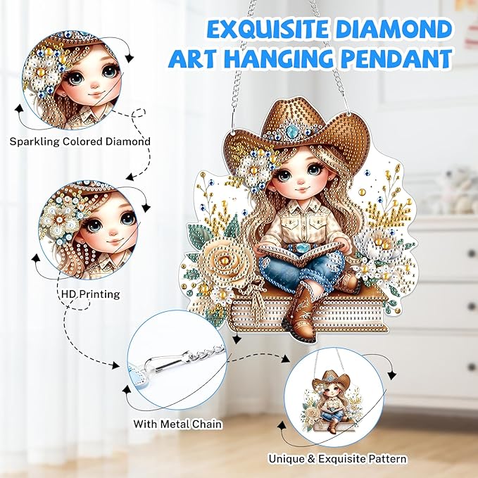 Bowetile Cow Girl Diamond Art Hanging Kits for Adults, 5D Special Shape Diamond Painting Kits, Animal Gem Art Suncatchers Painting Pendant Ornament for Home Garden Wall Decor