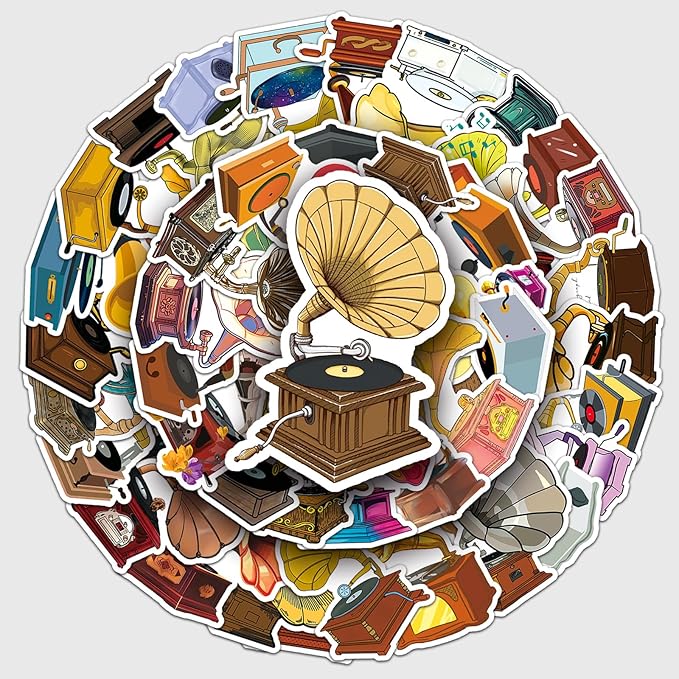 Retro Phonograph Stickers for Scrapbooking,50 Pcs Vintage Phonograph Decals, Waterproof Vinyl Stickers for Journals, Laptops, Home Decor, Ideal for Music Lovers Adults