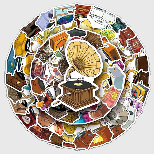Retro Phonograph Stickers for Scrapbooking,50 Pcs Vintage Phonograph Decals, Waterproof Vinyl Stickers for Journals, Laptops, Home Decor, Ideal for Music Lovers Adults