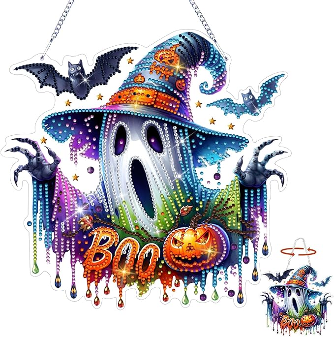 GAYISIC Diamond Art Hanging Kit for Adult, Double Sided 5D Acrylic Diamond Art Painting Window Pendants，DIY Acrylic Diamond Art Painting Window Pendants Home Garden Wall (Halloween Ghost)
