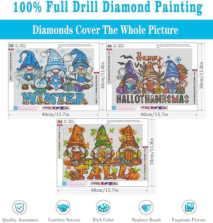 Fall Winter and Halloween Diamond Art Kits for Adults, 3 Pack Gnomes Diamond Painting Kits for Adults, 5D DIY Round Full Drill Gem Art Paint by Diamonds Dots Crafts Kits for Home Decor Gift 16x12inch