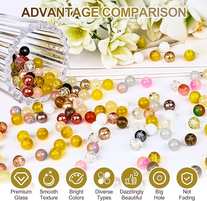 XSEINO About 1200PCS 8mm Glass Beads Bracelet Making Kit，48 Assorted Yellow and Black-White Series Colorful Crystal Beads for Making and DIY Crafts