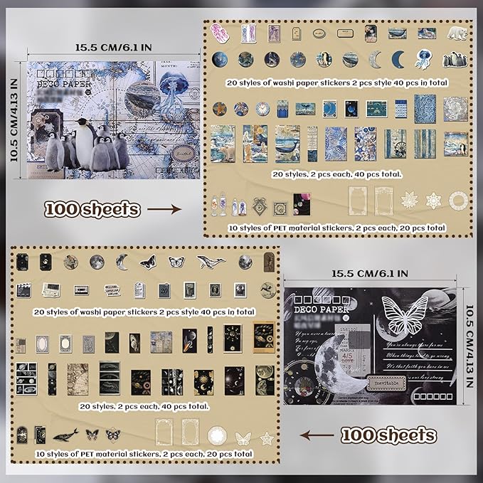 200Pcs Vintage Scrapbook Paper Sticker Kit,Starry Sky and Ocean Underwater Scrapbooking Decals for Junk Journal Supplies Card Making Stationery Album,Collage,As Gift