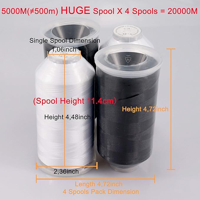 New brothreads - 40 Options- Various Assorted Color Packs of Polyester Embroidery Machine Thread Huge Spool 5000M for All Embroidery Machines -2Black+2White